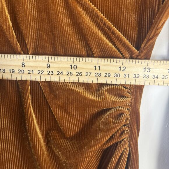 CHOCOLATE Bronze Velvet Wrap Mini Dress Long Sleeve Large Bodycon Cocktail Party - Picture 5 of 8